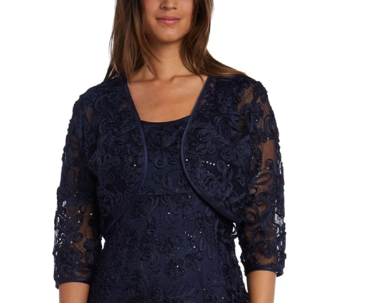 R & M Richards Women's Embellished Soutache Gown & Bolero Jacket Navy Size 12