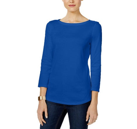 Charter Club Women's Pima Cotton Boat-Neck Button-Shoulder Top Blue Size 2 Extra Large