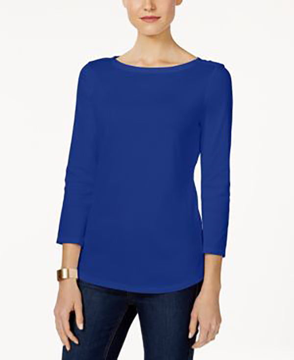 Charter Club Women's Pima Cotton Boat Neck Button Shoulder Top Blue Size Medium