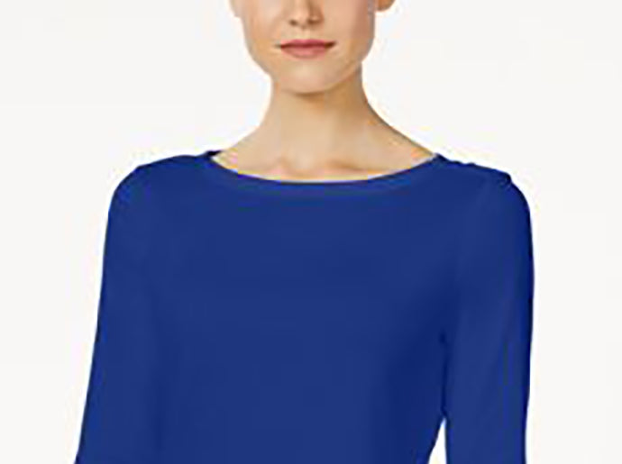 Charter Club Women's Pima Cotton Boat Neck Button Shoulder Top Blue Size Medium