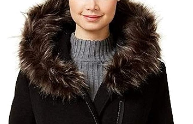 Maralyn & Me Juniors' Faux-Fur-Trim Hooded Coat Black Size Extra Large