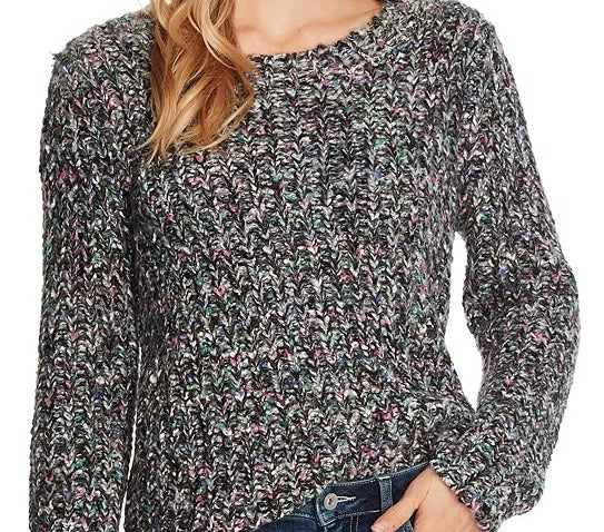 CeCe Women's Long Sleeve Multicolor Crew Neck Sweater Rich Black Grey Size Large