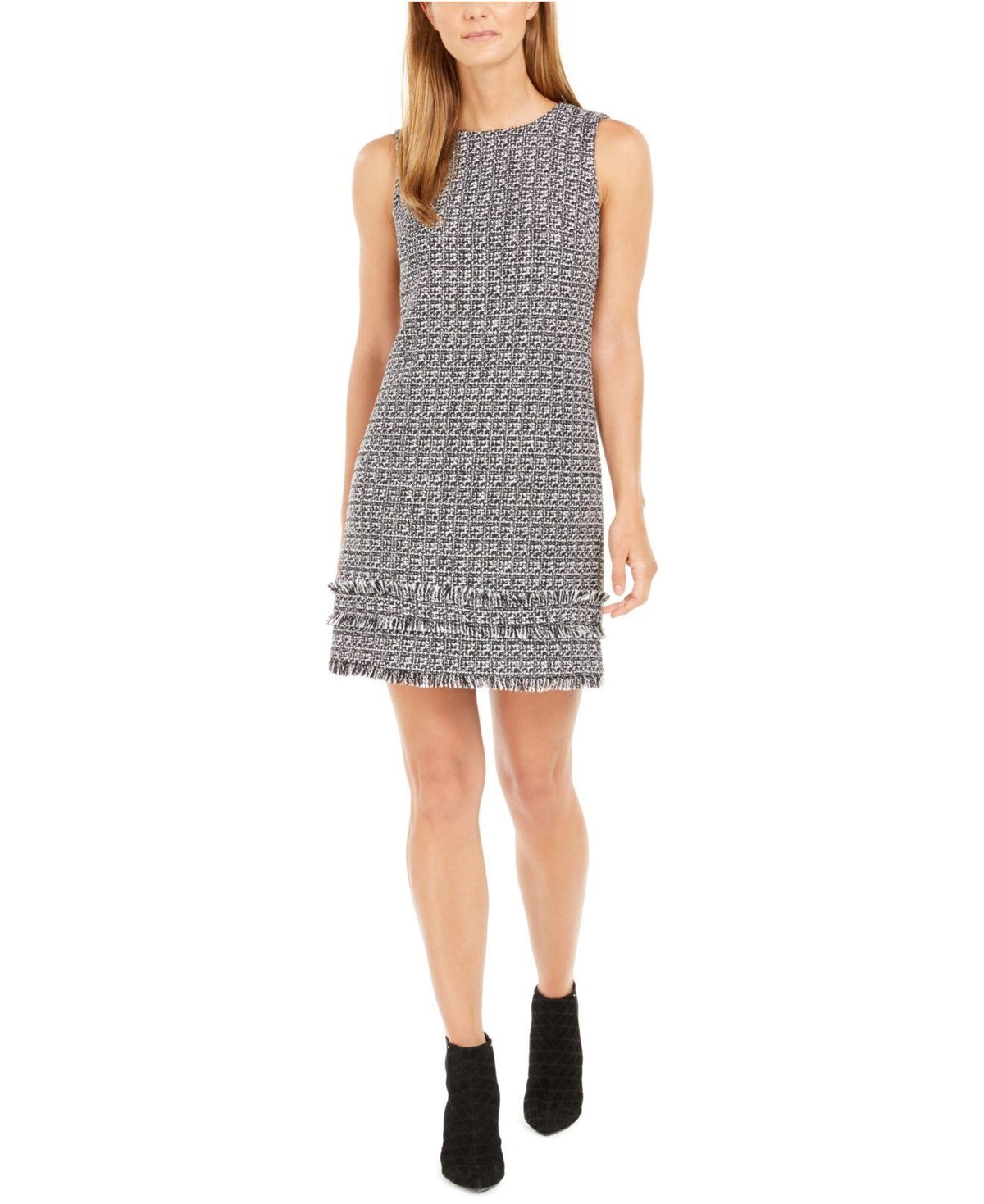 Calvin Klein Women's Petite Fringe Tweed Shift Dress Med Gray Size 8
