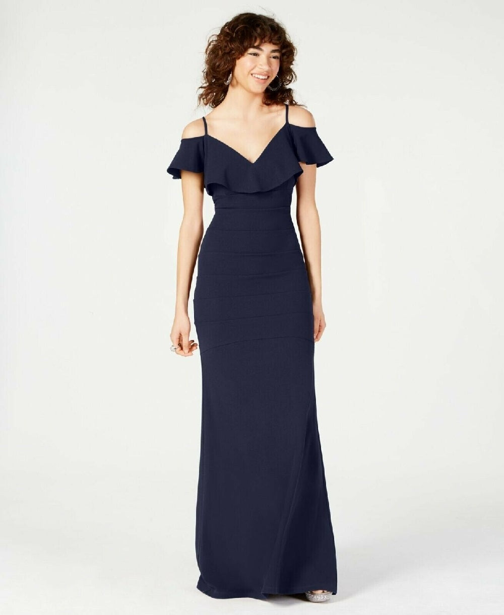 Emerald Sundae Juniors' Off-The-Shoulder Popover Gown Bright Blue Size X-Small