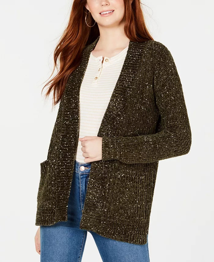 Hippie Rose Juniors' Marled Shaker-Knit Chenille Cardigan Dark Green Size Small
