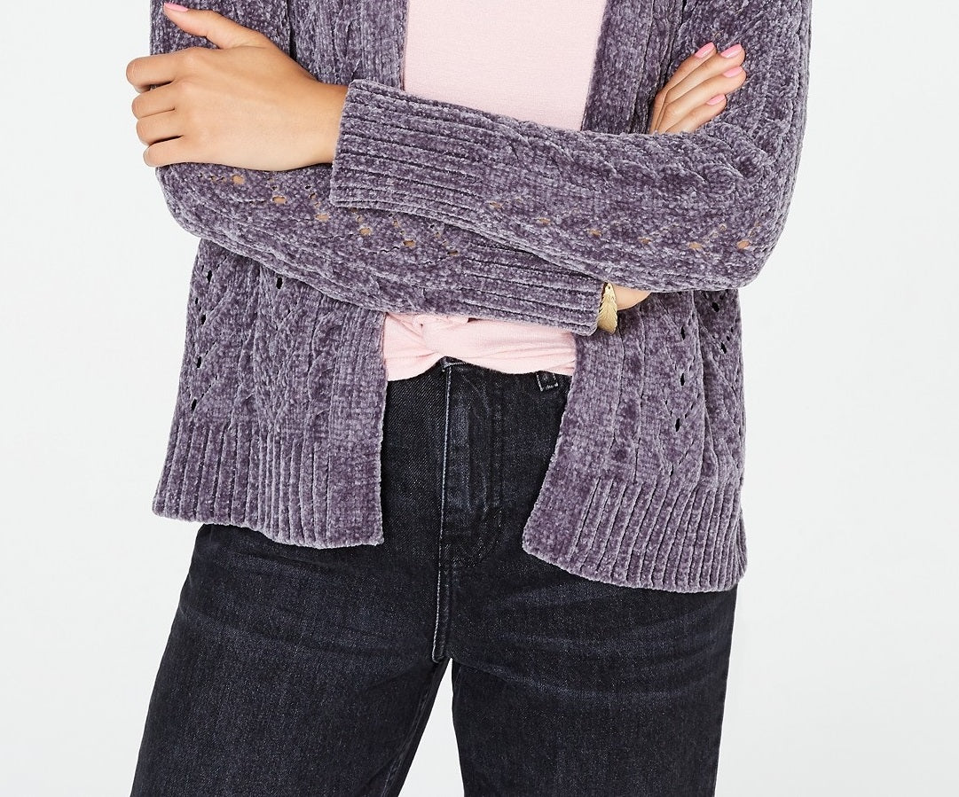 Hippie Rose  Juniors' Pointelle-Knit Chenille Cardigan Charcoal Size Small