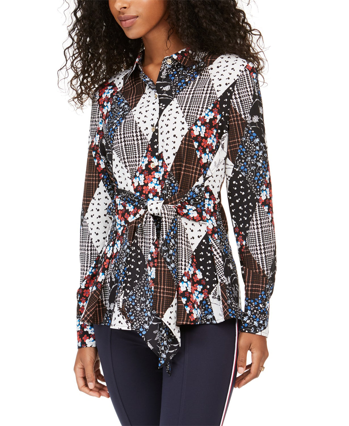 Tommy Hilfiger Women's Printed Button-Front Tie-Waist Top Black Size Medium