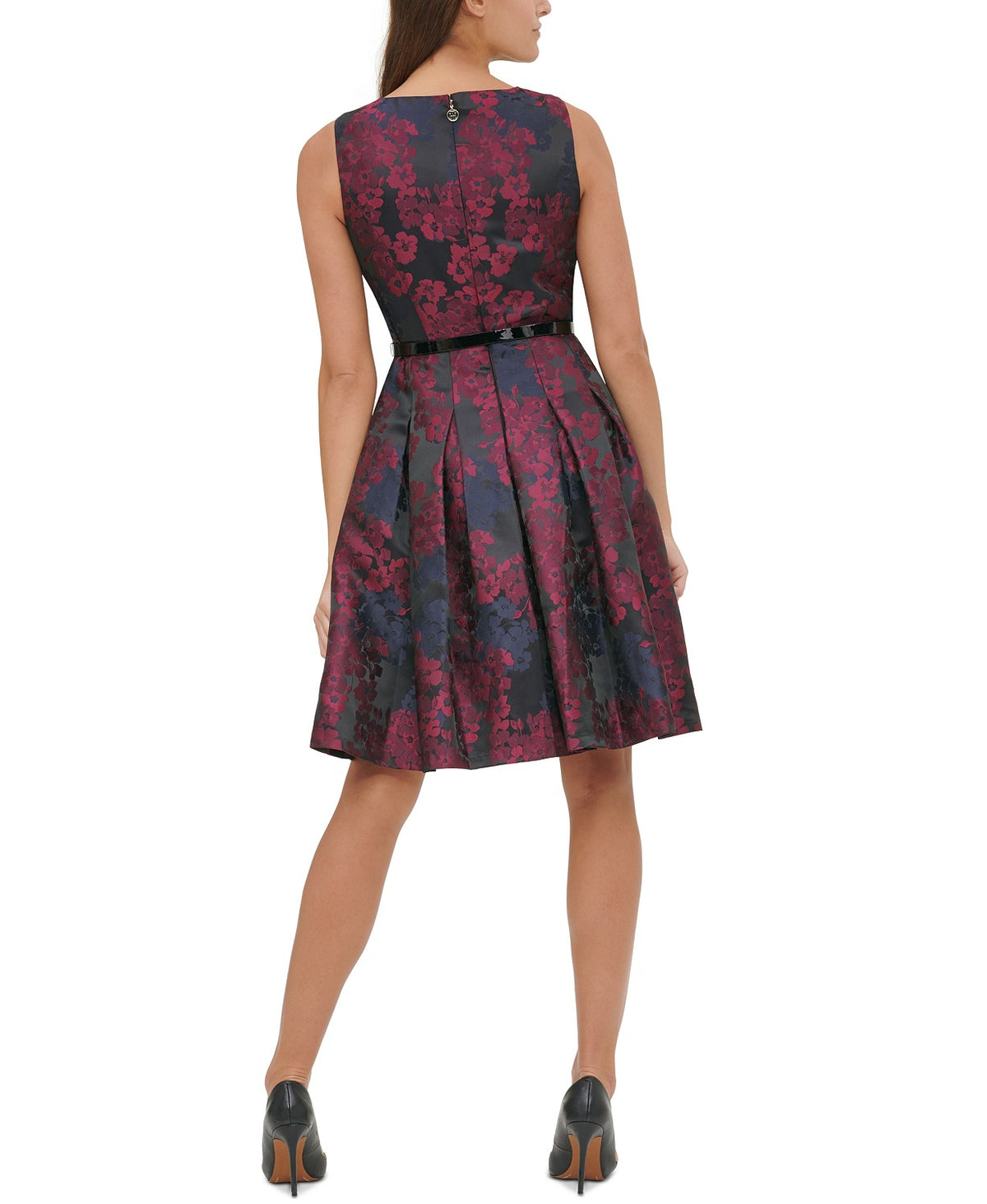 Tommy Hilfiger Women's Petite Belted Jacquard Fit & Flare Dress Wine Size 8