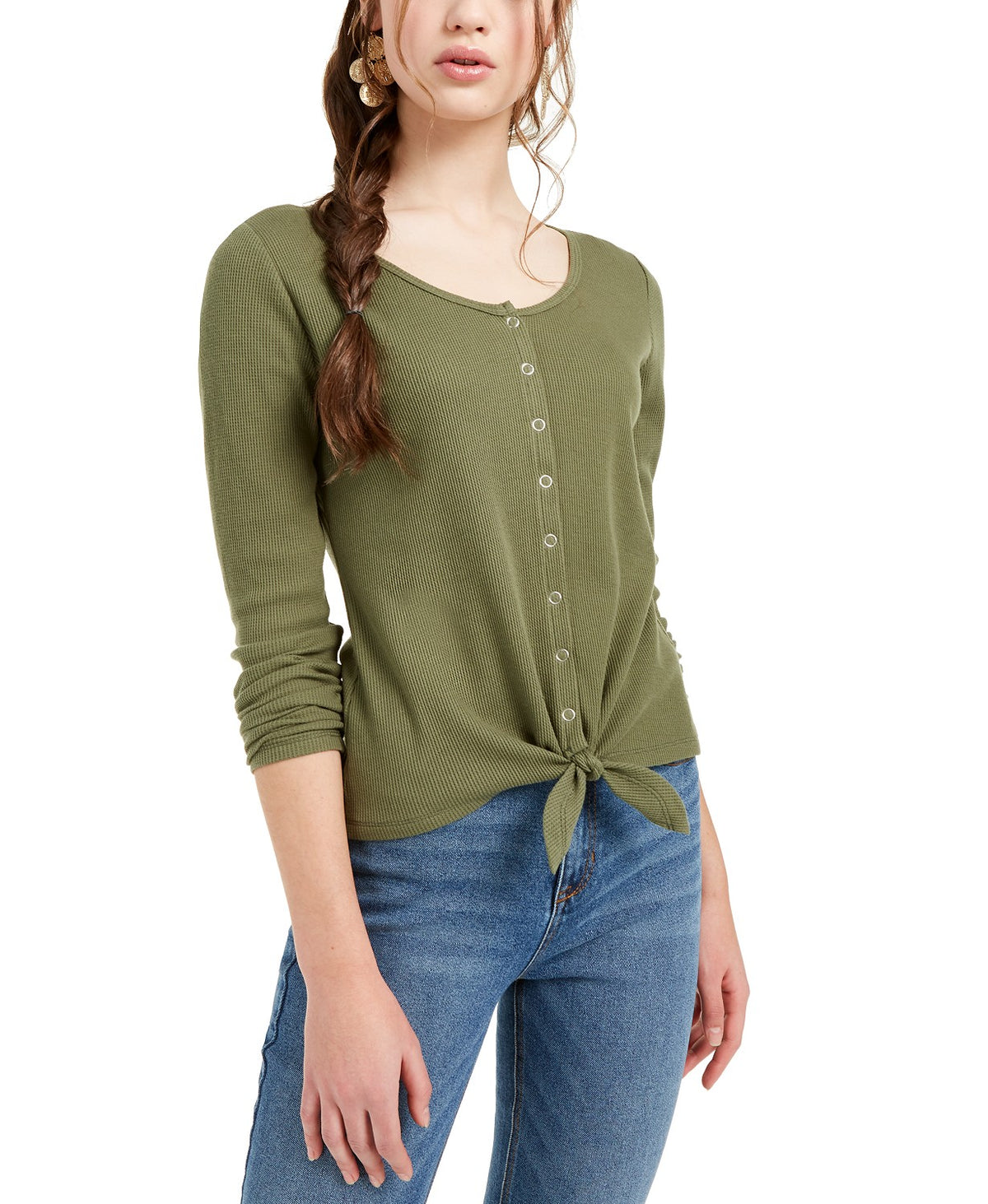 Ultra Flirt Juniors' Tie-Hem Thermal Top Green Size Extra Large