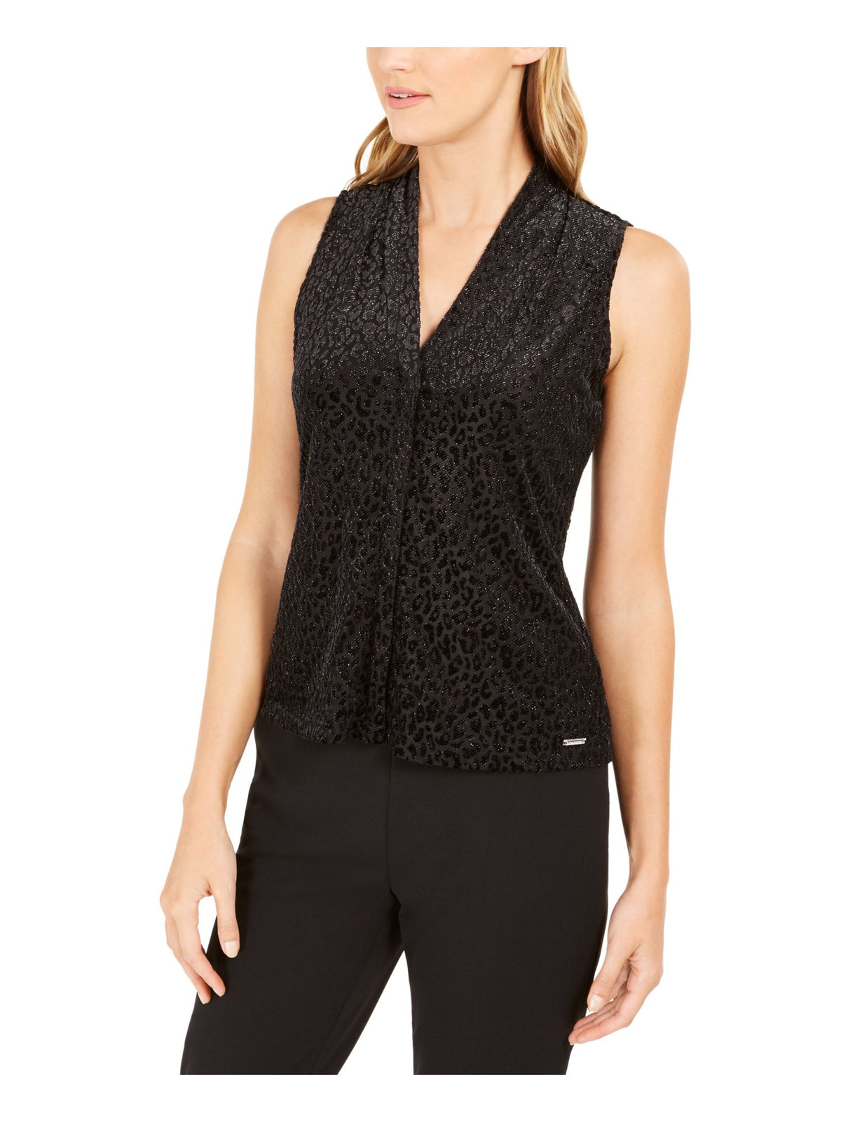 Calvin Klein Women's Textured Animal-Print Top Black Size X-Large