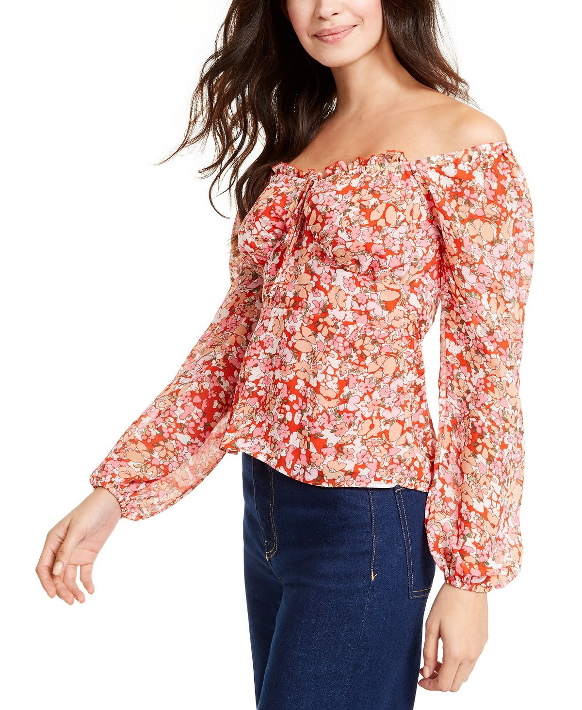 Q & A Women's Floral-Print Off-The-Shoulder Top Red Size Medium