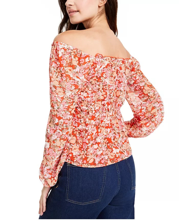 Q & A Women's Floral-Print Off-The-Shoulder Top Red Size Medium
