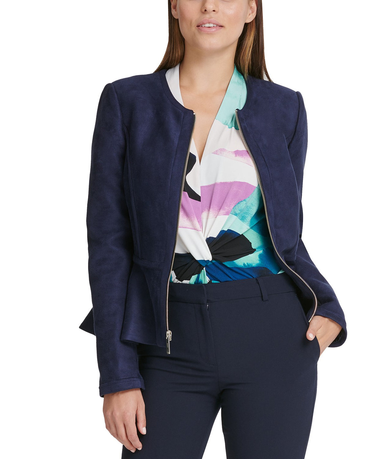 DKNY Women's Faux-Suede Zip-Front Peplum Jacket Navy Size 14