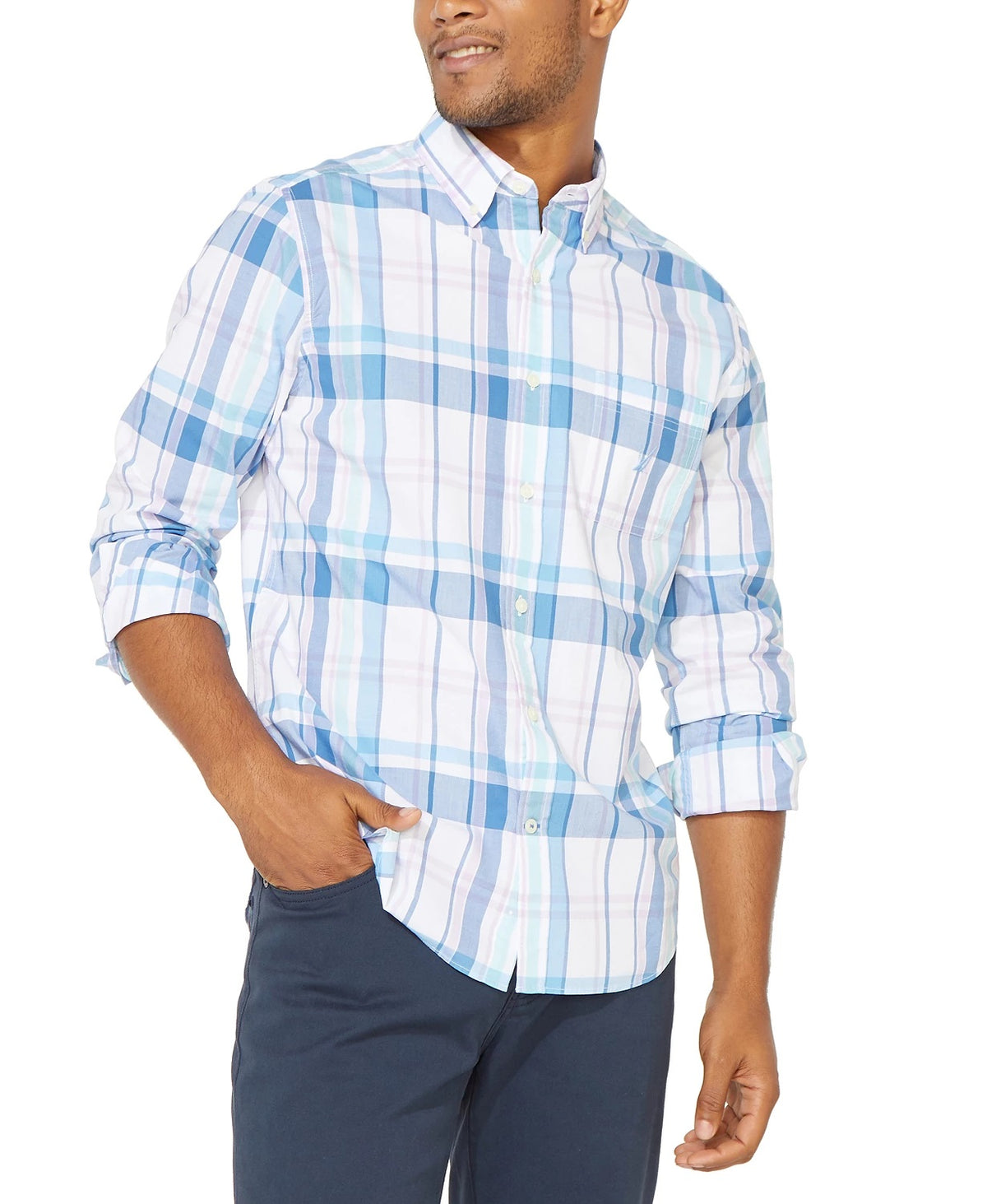 Nautica Men's Blue Sail Plaid Shirt White Size Small