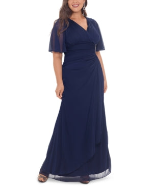 B & A By Betsy & Adam Women's Plus Size Embellished Flutter-Sleeve Gown Navy Size Small Petite
