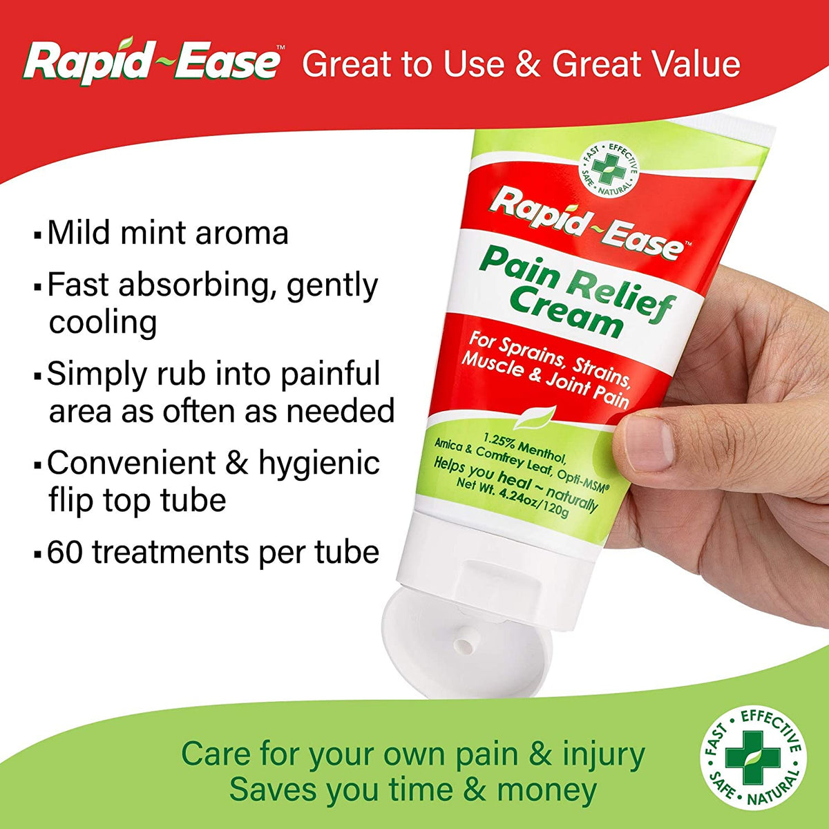 Rapid-Ease Pain Relief Cream - For Sprain, Strains, Muscle 7 Joint Pain - Menthol, Arnica & Comfrey Leaf