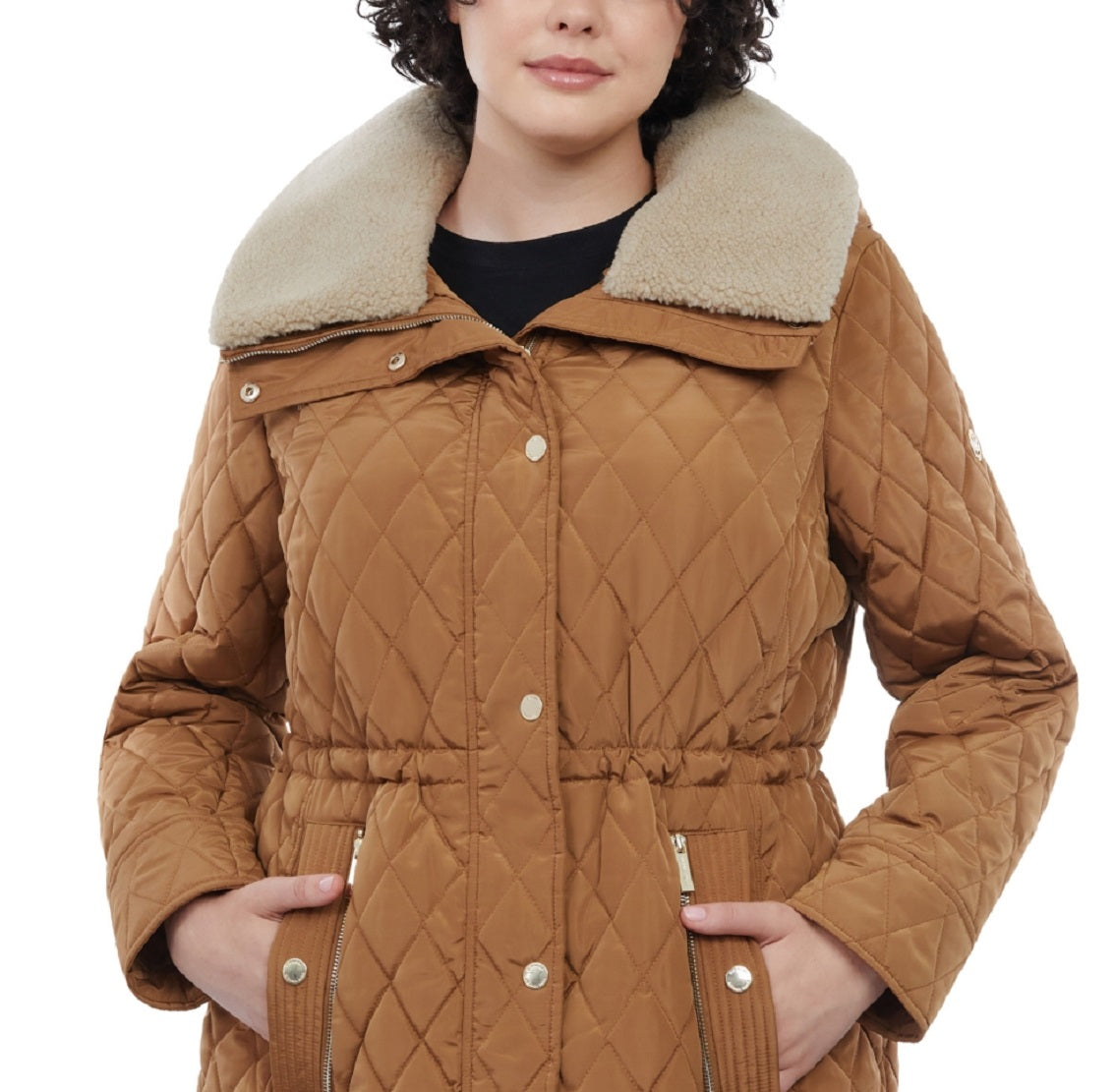 Michael Kors Women's Hooded Faux Fur Collar Quilted Coat Brown Size 1X