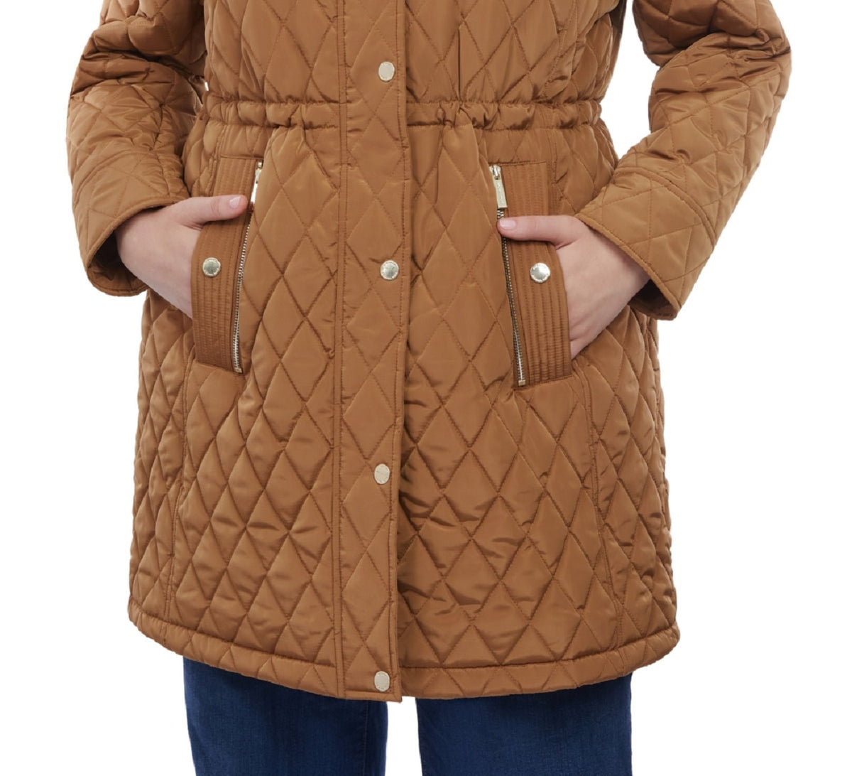 Michael Kors Women's Hooded Faux Fur Collar Quilted Coat Brown Size 1X