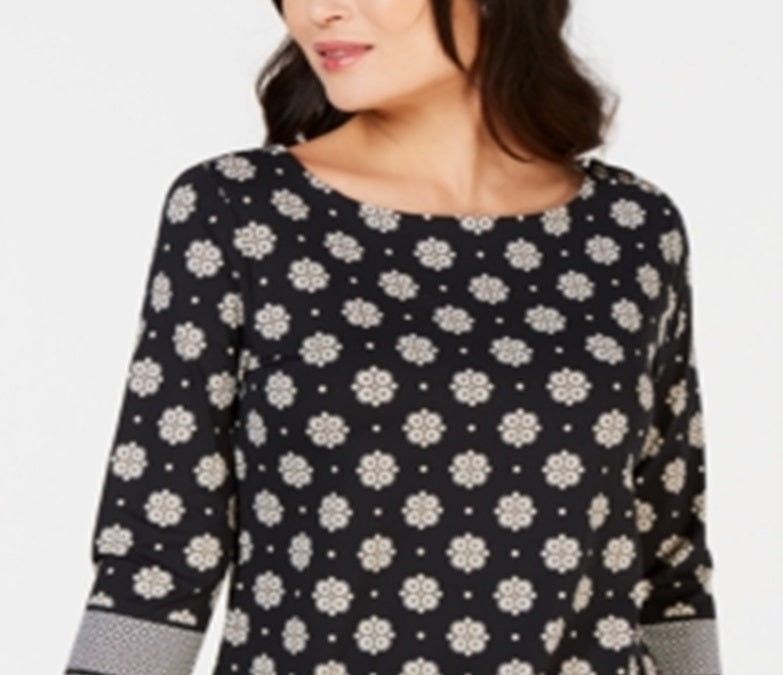 Charter Club Women's Printed Boat Neck Top Black Size Medium
