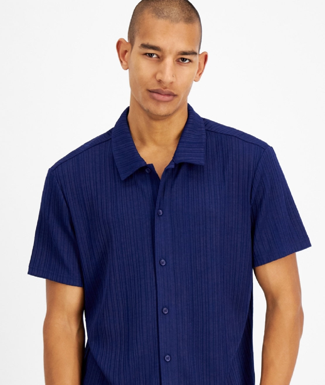 INC International Concepts Men's Rib Knit Button Up Short Sleeve Shirt Blue Size Medium