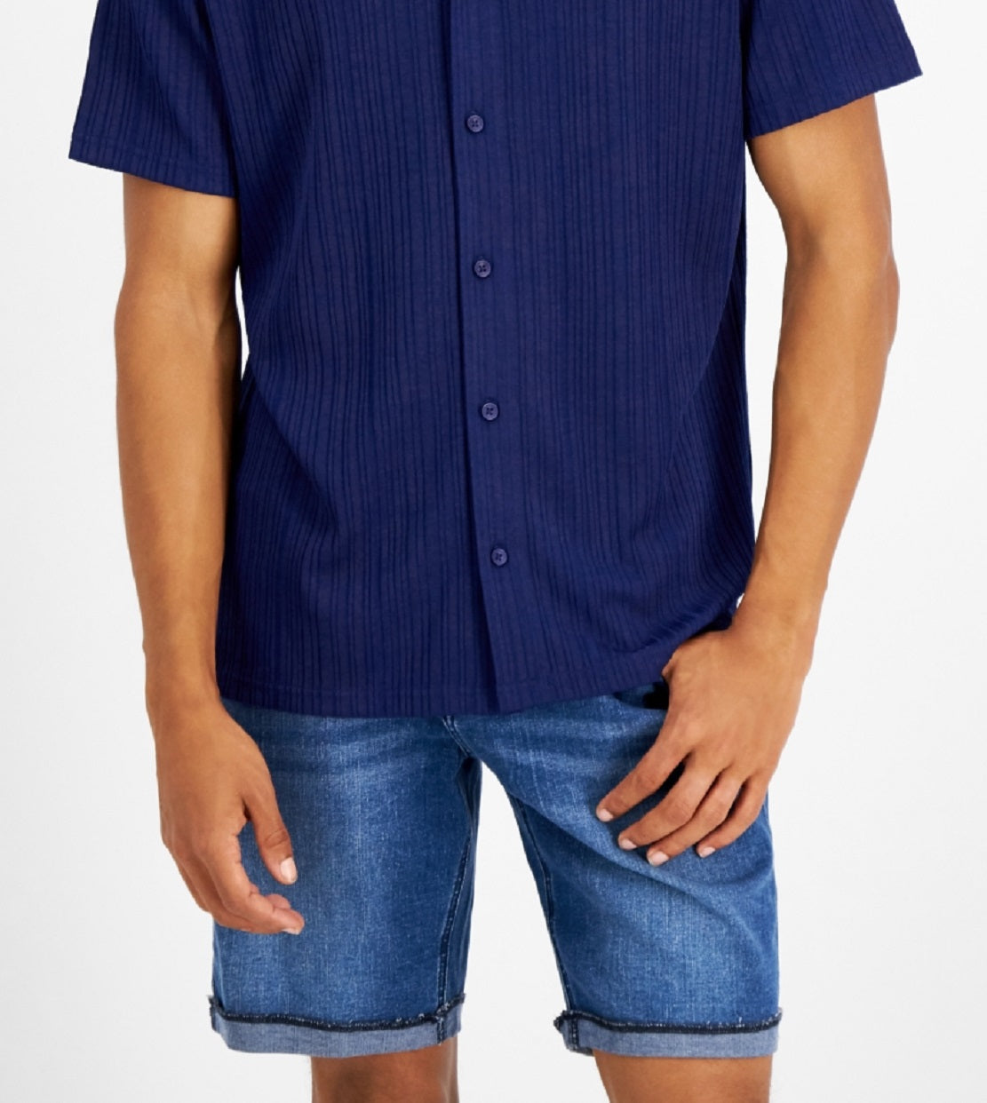 INC International Concepts Men's Rib Knit Button Up Short Sleeve Shirt Blue Size Medium