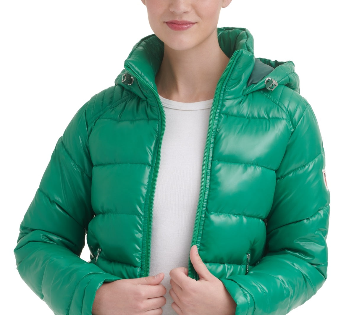 GUESS Women's High Shine Hooded Puffer Coat Green Size Medium