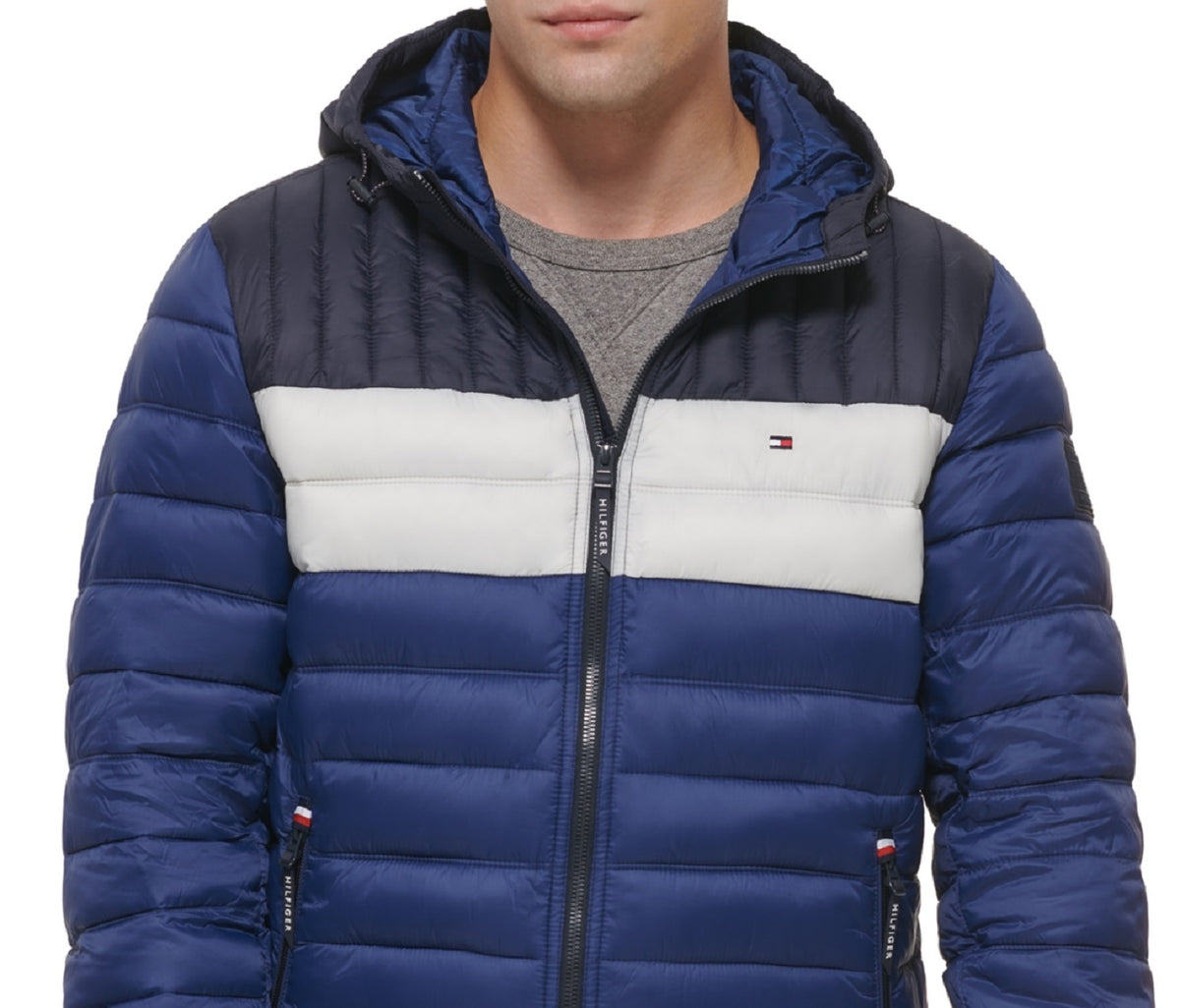 Tommy Hilfiger Men's Quilted Color Blocked Hooded Puffer Jacket Blue Size Large