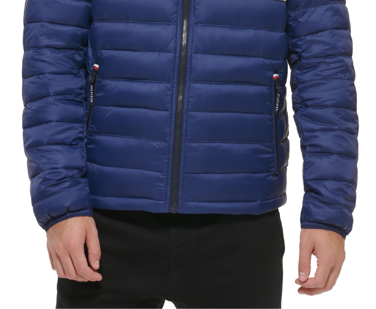 Tommy Hilfiger Men's Quilted Color Blocked Hooded Puffer Jacket Blue Size Large