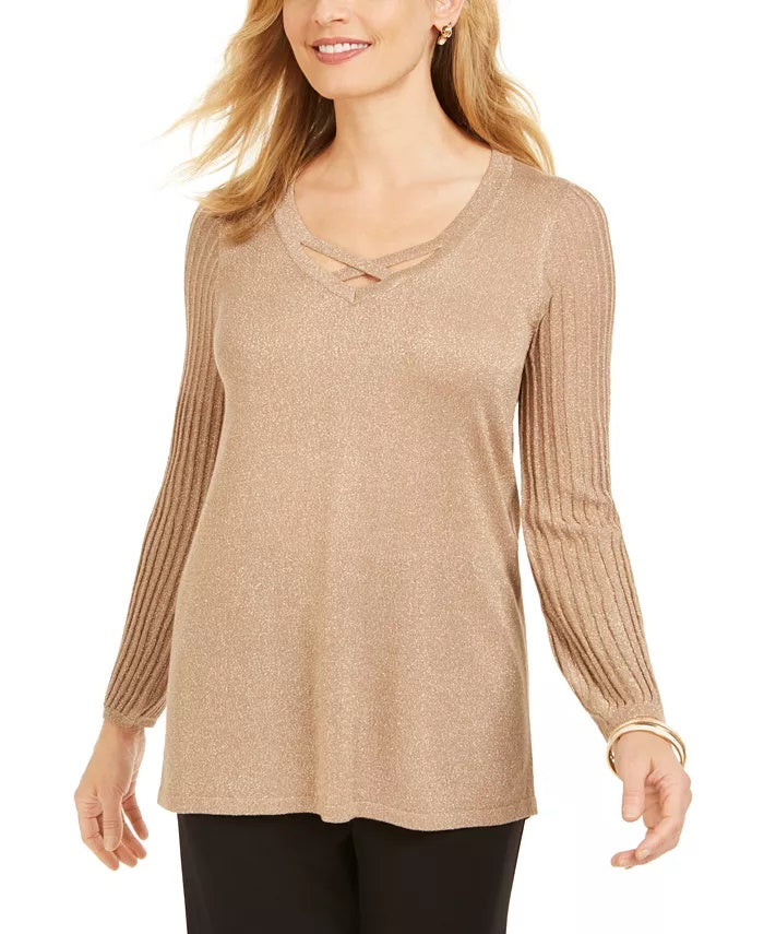 JM Collection Women's Petite Pleated-Sleeve Sweater Gold Size Petite