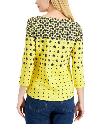 Charter Club Women's Printed Cotton 3/4-Sleeve Top Yellow Size Small