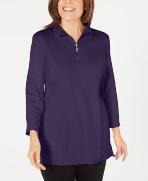 Karen Scott Women's Cotton Half-Zip Mock-Neck Top Purple Size Medium
