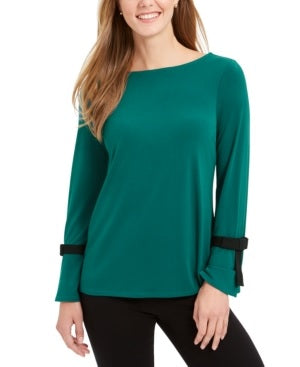 Charter Club Women's Tie-Sleeve Crepe Top Green Size Small