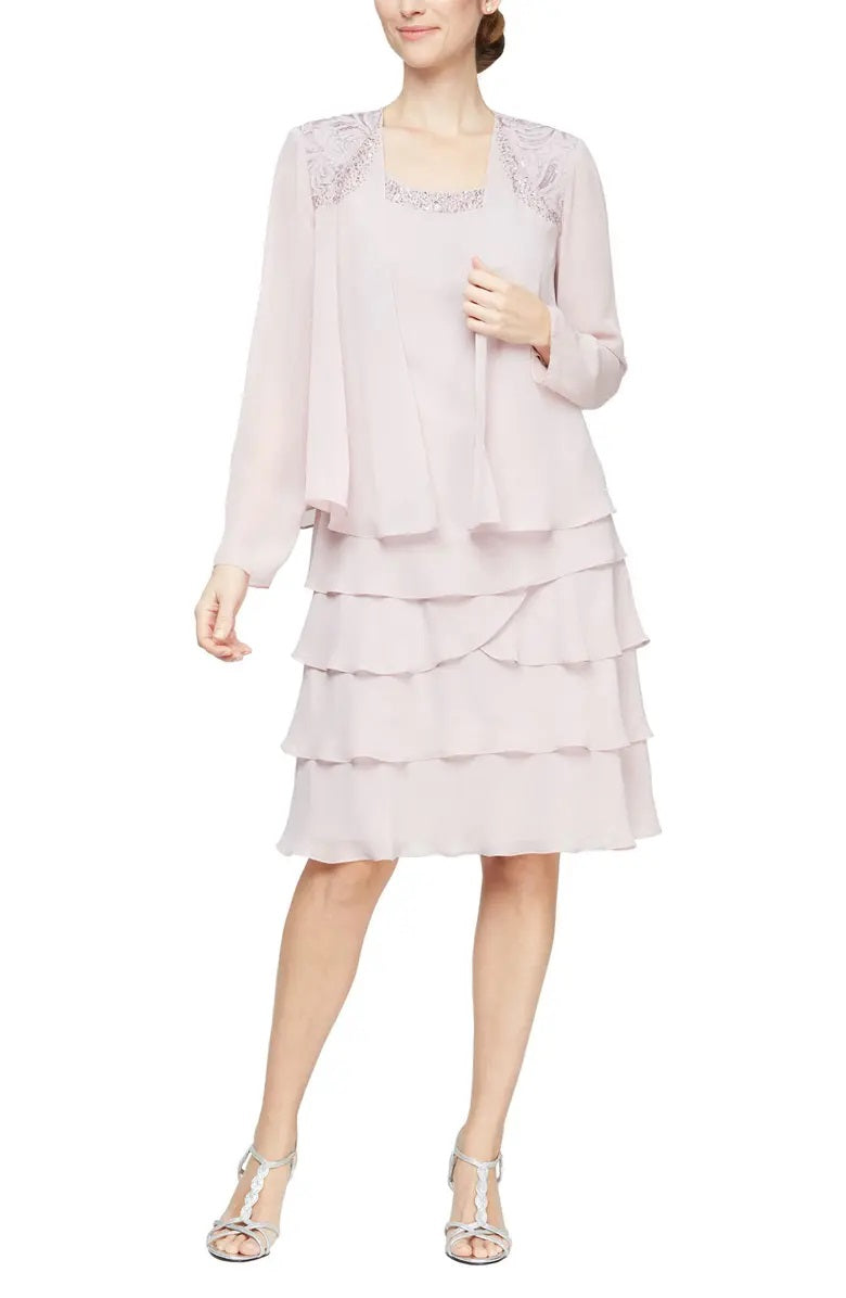 SL Fashions Women's 2 Pc Open Front Jacket & Tiered Fit & Flare Dress White Size 18