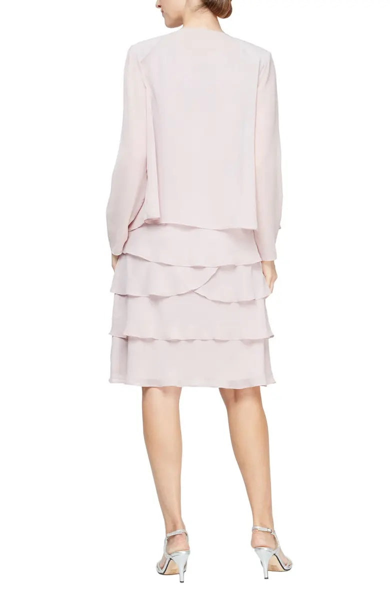 SL Fashions Women's 2 Pc Open Front Jacket & Tiered Fit & Flare Dress White Size 18