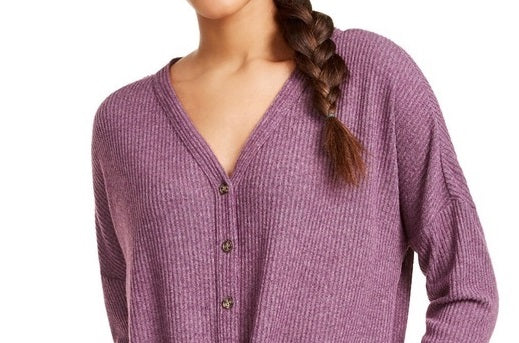 Ultra Flirt Junior's Waffle Knit Tie Front Top Purple Size X-Large