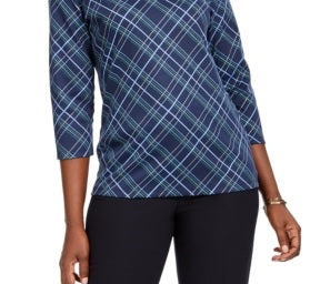 Karen Scott Women's Embellished Plaid 3/4 Sleeve Top Blue Size X-Small