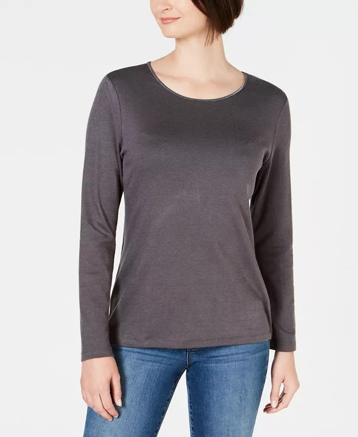 Karen Scott Women's Satin-Trim Scoop-Neck Top Black Size XX-Large