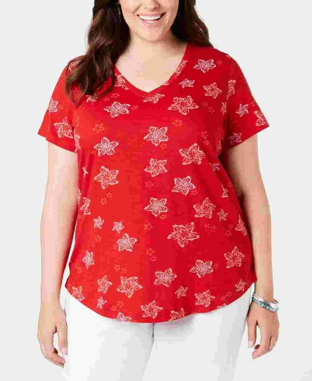 Style & Co Women's Plus Size Cotton Printed T-Shirt Red Size 0X