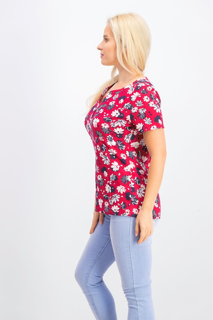 Karen Scott Women's Liberty Daisy Printed Henley Top Red/Blue  Size Petite Small