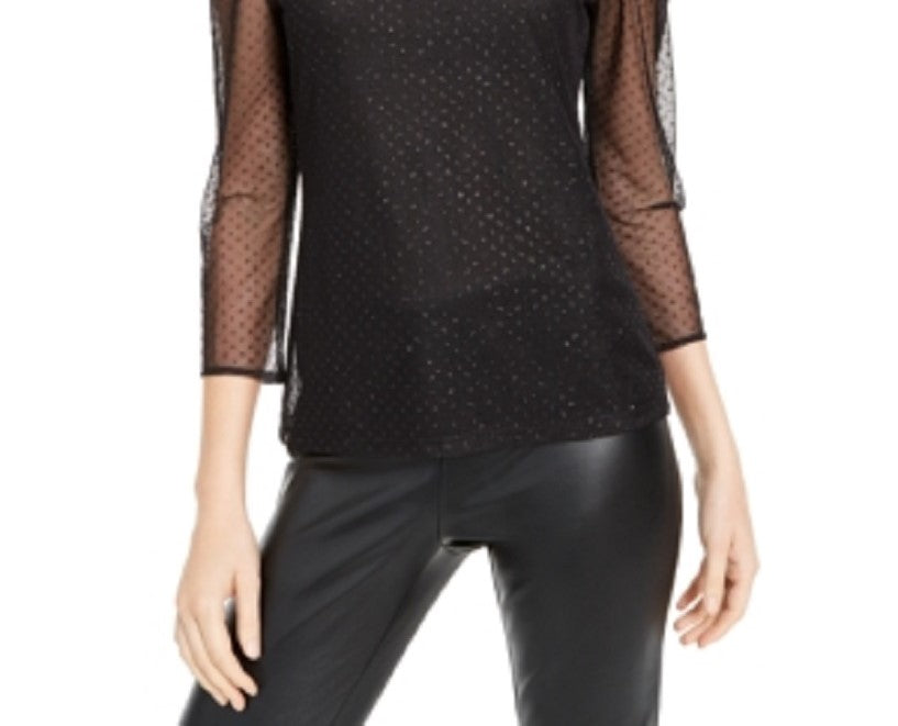 INC International Concepts Women's Glitter Mesh Blouse Black Size Petite Medium