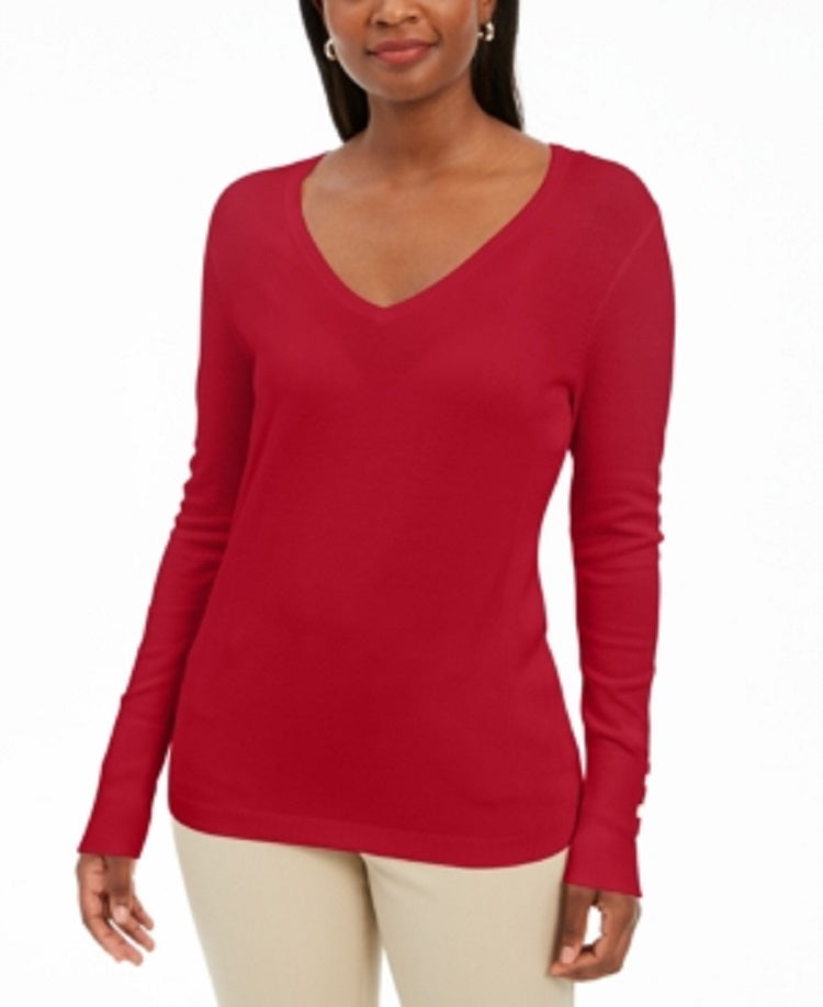 JM Collection Women's Button Cuff V Neck Pullover Red Size Large
