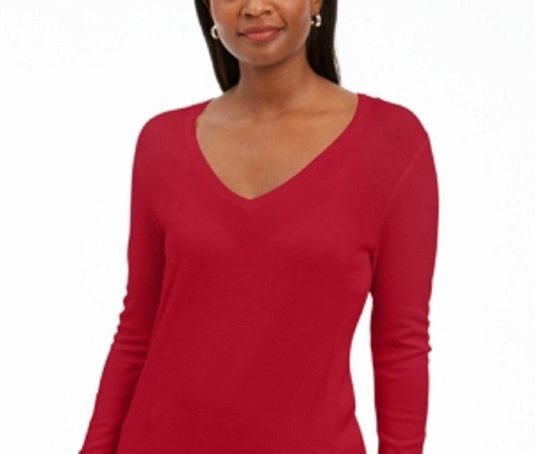 JM Collection Women's Button Cuff V Neck Pullover Red Size Large