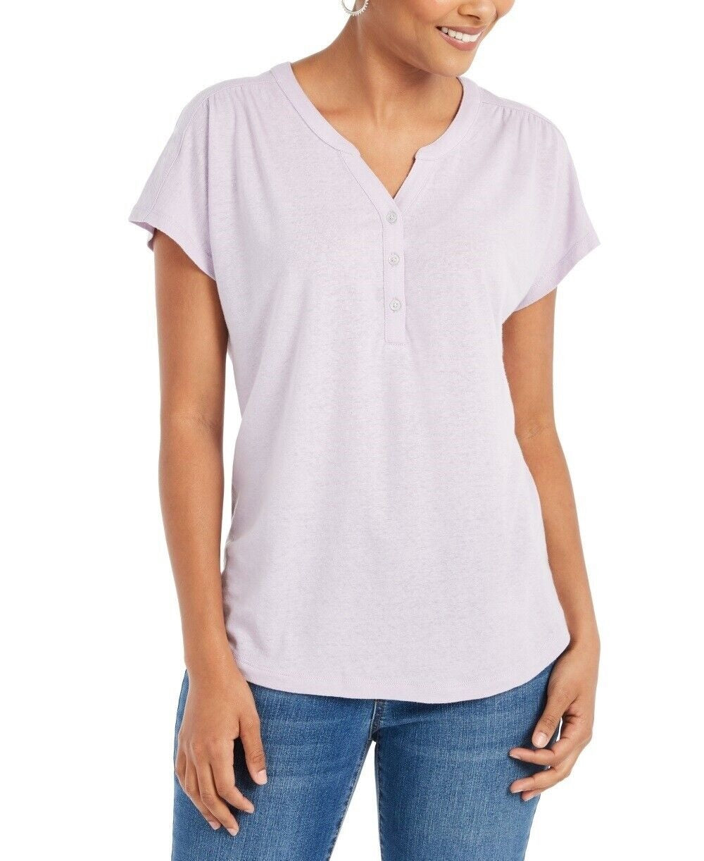 Style & Co Women's Dolman Sleeve Henley Linen Blend Top Purple Size X-Large