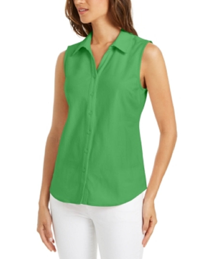 Charter Club Women's Cotton Pique Sleeveless Shirt Green Size 18