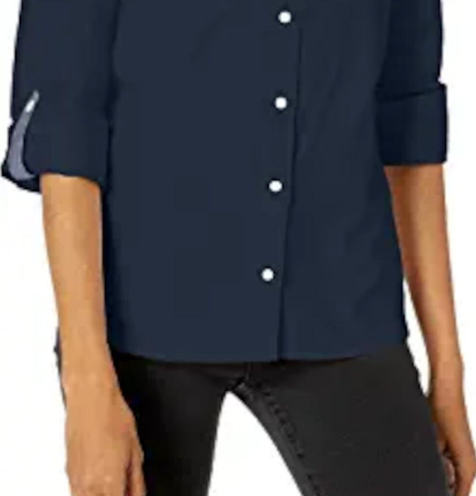Tommy Hilfiger Women's Collared Button up Top Blue Size Large