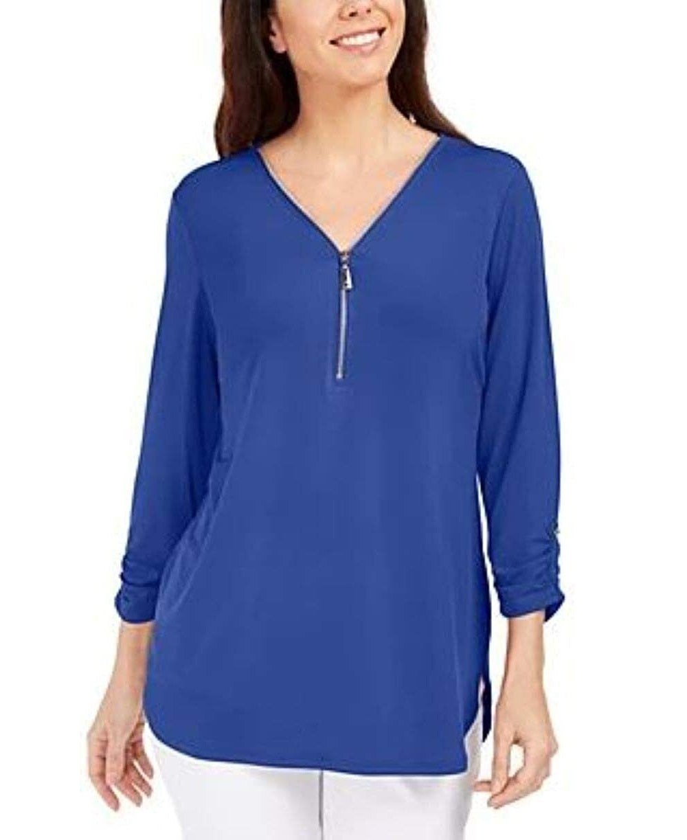 JM Collection Women's Zipper Trim 3/4 Sleeve Top -Blue Size XS