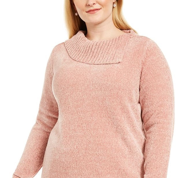 Karen Scott Women's Chenille Split Neck Pullover Pink Size 1X