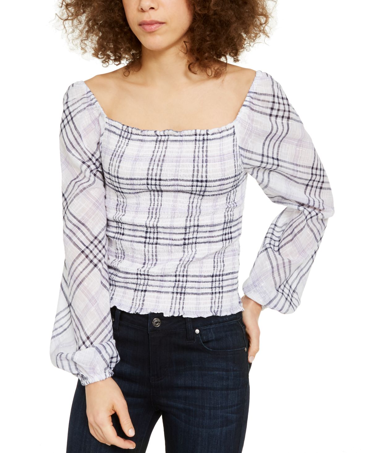INC International Concepts Women's Metallic Plaid Smocked Top White Size Petite X-Large