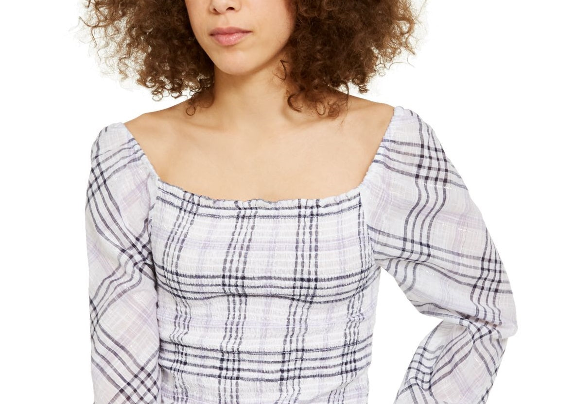 INC International Concepts Women's Metallic Plaid Smocked Top White Size Petite X-Large