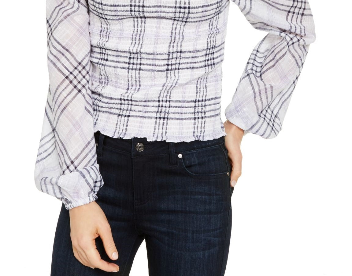 INC International Concepts Women's Metallic Plaid Smocked Top White Size Petite X-Large
